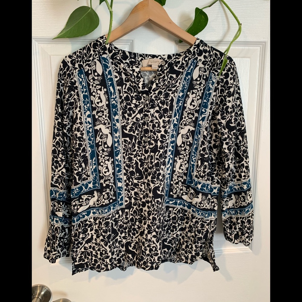 Loft black and white pattern top with teal - Picture 2 of 4